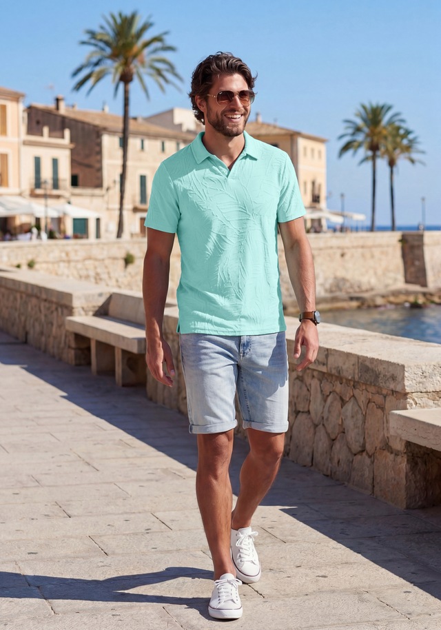 Beachtime Poloshirt », T-Shirt mit modischen Blätter-Design« neue Strukturqualität im Blätter-Design