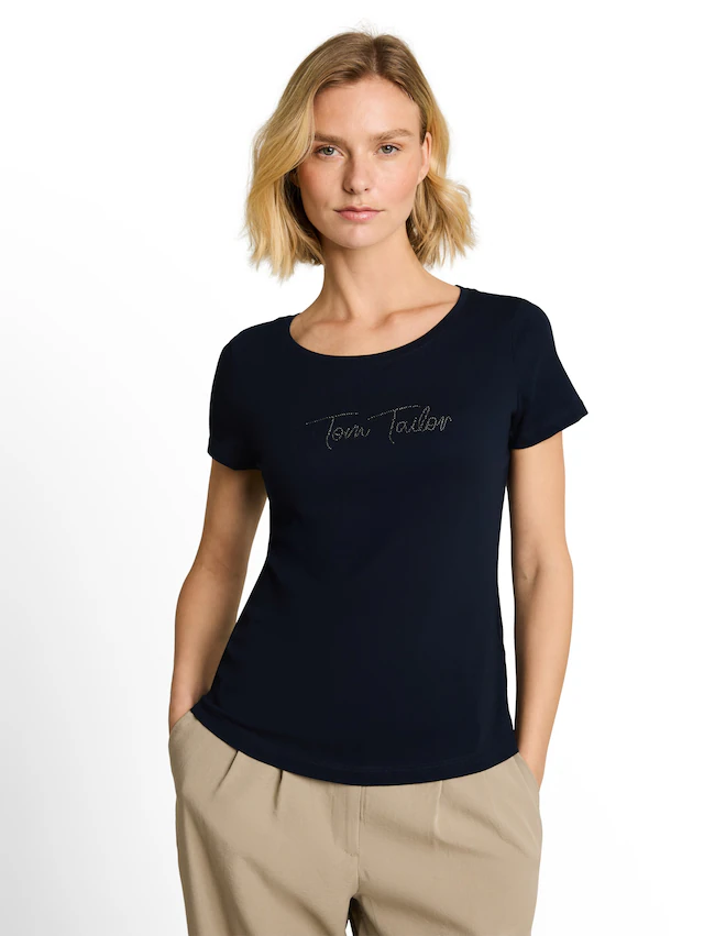TOM TAILOR Kurzarmshirt Sommershirt mit Glitzer-Wording