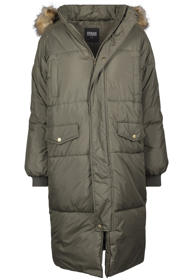 URBAN CLASSICS Winterjacke »Urban Classics Damen Ladies Oversize Faux Fur Puffer Coat« 1 Stk. tlg. mit Kapuze