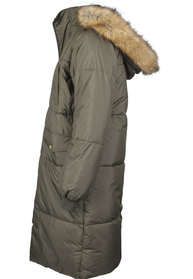 URBAN CLASSICS Winterjacke »Urban Classics Damen Ladies Oversize Faux Fur Puffer Coat« 1 Stk. tlg. mit Kapuze