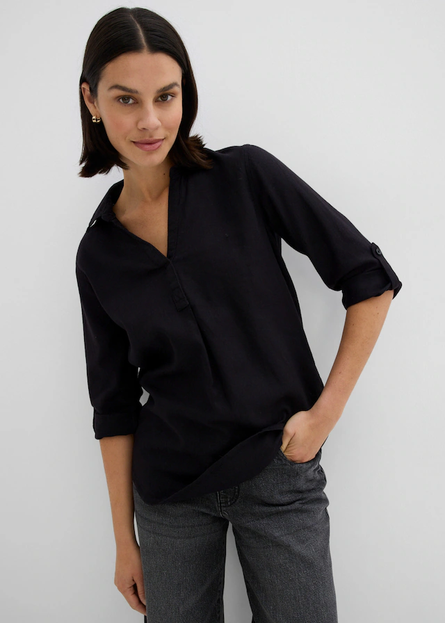 bonprix Langarmbluse »3/4-Arm Bluse mit Leinen« figurumspielende Passform, für vielseitige Alltagslooks