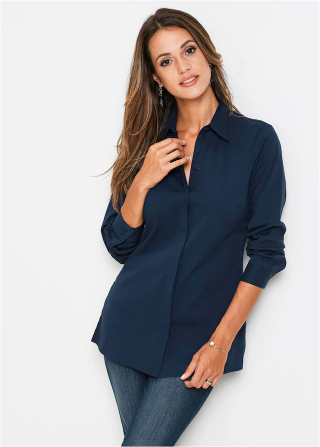 bonprix Langarmbluse »Long-Stretch-Bluse« lockere Passform, mit Stehkragen, mit verdeckter Knopfleiste