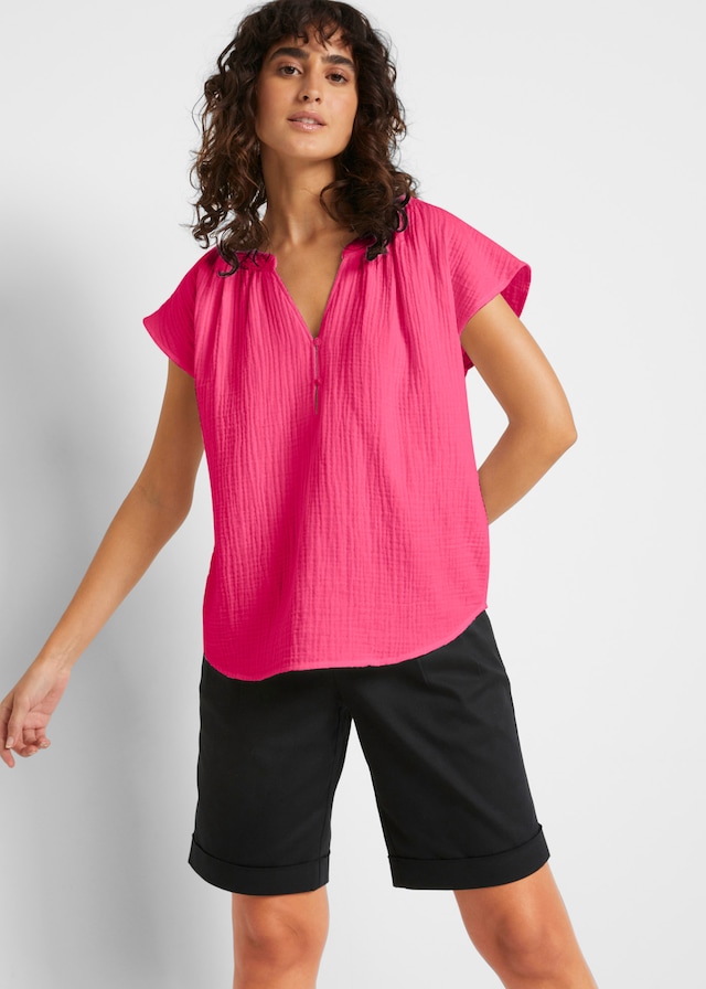 bonprix Shirtbluse »Musselin-Blusentop aus reiner Baumwolle« Oversize-Passform, mit V-Ausschnitt, aus Baumwolle