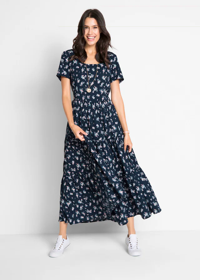 bonprix Maxikleid aus reiner Baumwolle, Loose Fit, Kurzarm-Design, mit Allover-Muster