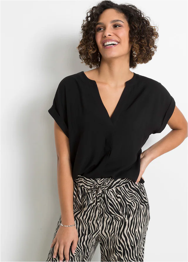 bonprix Tunika eleganter Look, Kurzarm-Design, Regular Fit, mit Henley-Kragen