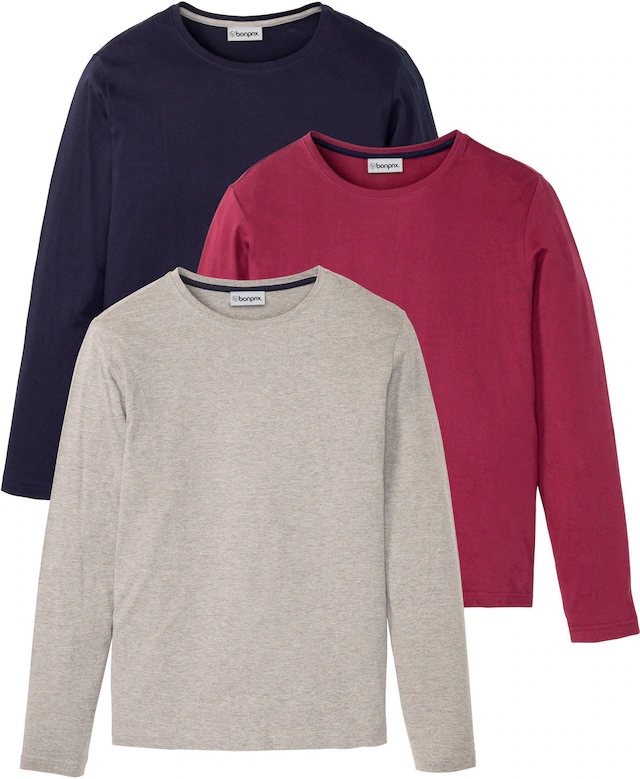 bonprix Langarmshirt »Langarmshirt (3er Pack)« Packung, 3 Stk. regular fit Passform, Rundhals-Ausschnitt, casual Stil, im 3er Pack