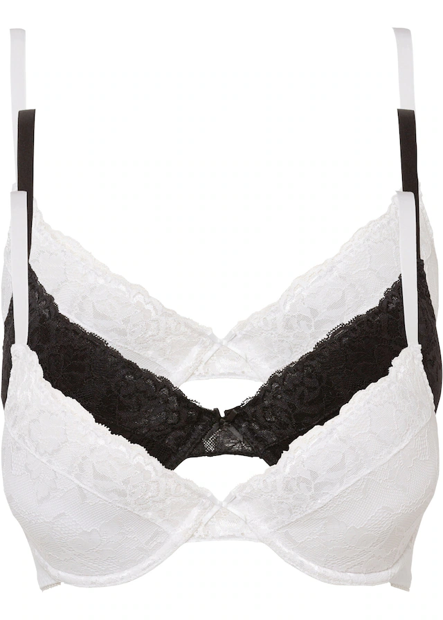 bonprix Push-up-BH »Push-up-BH mit feiner Spitze (3er Pack)« Packung, 3er, 3 leicht wattierte Cups, mit feinem Allover-Spitze, mit Baumwollfutter