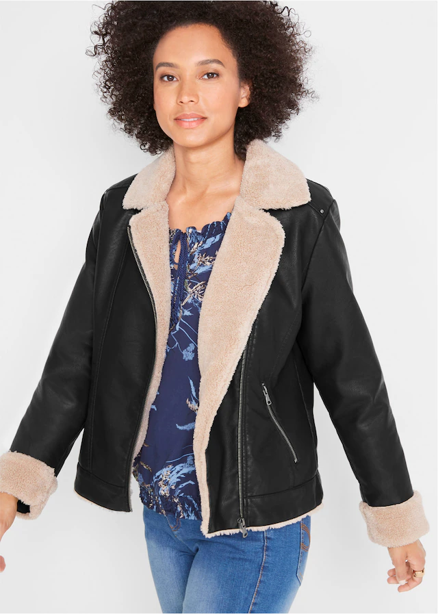 bonprix Lederimitatjacke »Lederimitat-Jacke, gefüttert« im modernen Bikerstil, mit Teddyfell-Futter, bequeme Passform