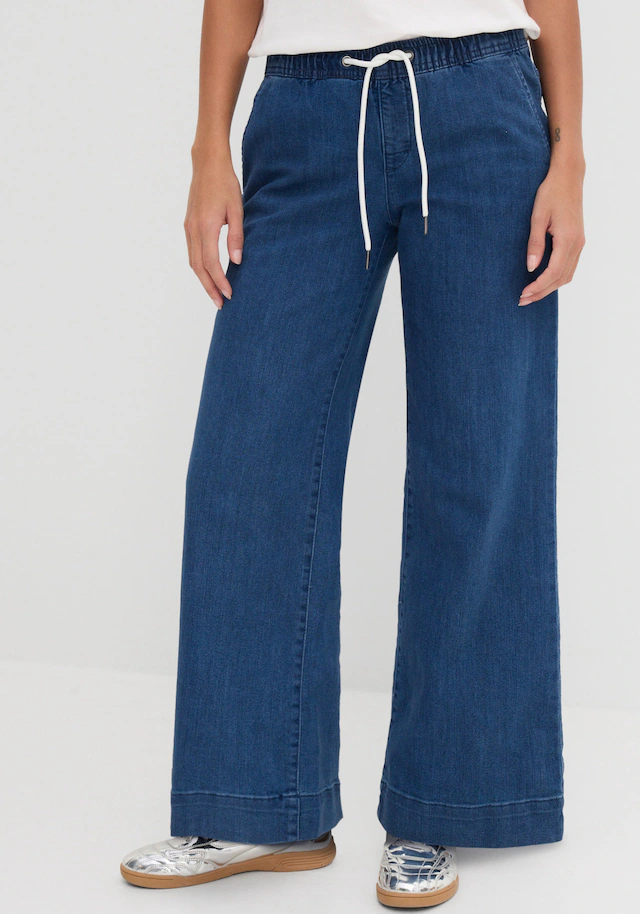 bonprix Weite Jeans »Wide Leg Jeans Mid Waist, Stretch« Loose Fit Passform, mit elastischem Bund und Tunnelzug