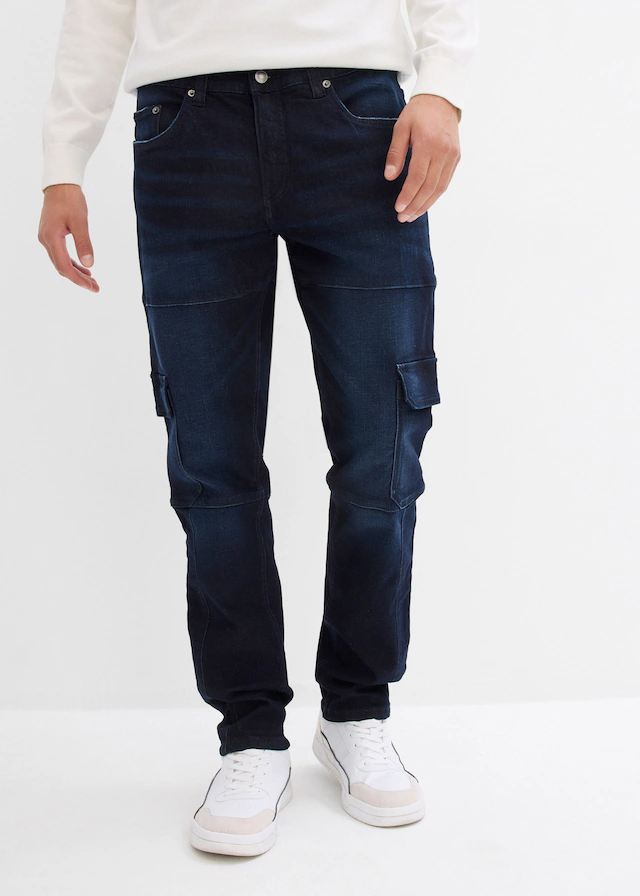 bonprix Cargojeans »Slim Fit Cargo-Stretch-Jeans, Straight« Slim Fit, aus Baumwolle und Elasthan, mit gewaschener Optik
