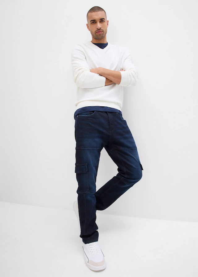 bonprix Cargojeans »Slim Fit Cargo-Stretch-Jeans, Straight« Slim Fit, aus Baumwolle und Elasthan, mit gewaschener Optik