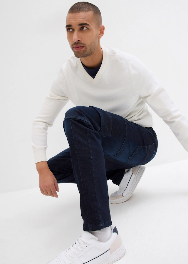 bonprix Cargojeans »Slim Fit Cargo-Stretch-Jeans, Straight« Slim Fit, aus Baumwolle und Elasthan, mit gewaschener Optik