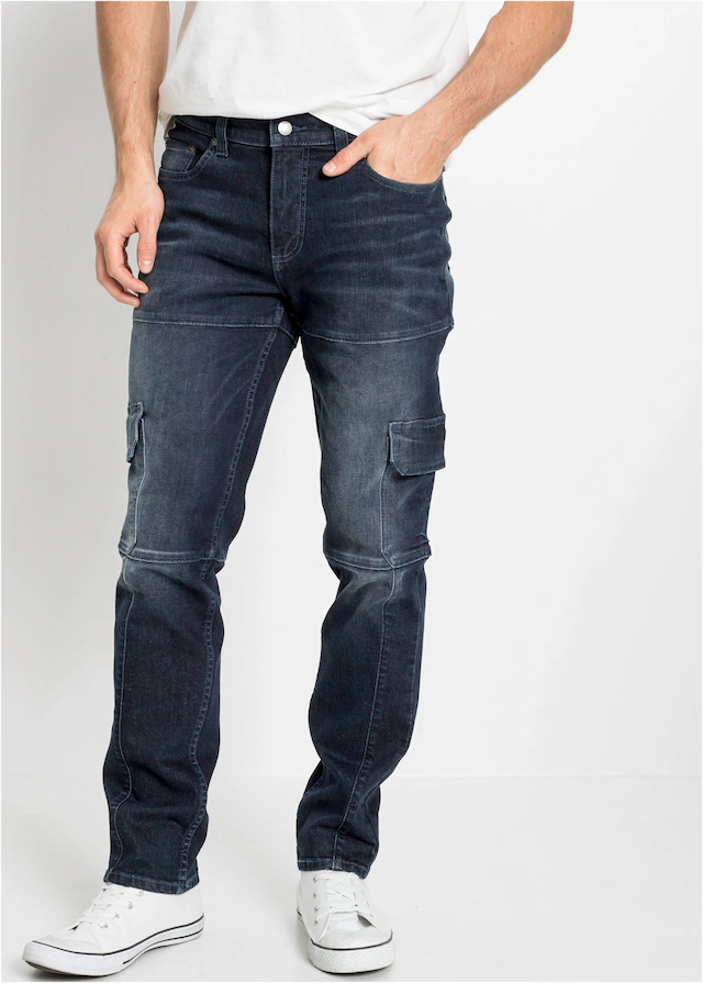 bonprix Cargojeans »Slim Fit Cargo-Stretch-Jeans, Straight« Slim Fit, aus Baumwolle und Elasthan, mit gewaschener Optik