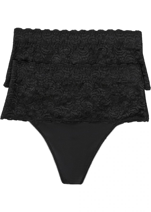 bonprix String Packung, 2 Stk. mit breitem Spitzenbund, elastisches Material, figurbetonte Passform