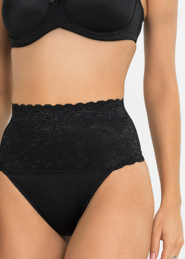 bonprix String Packung, 2 Stk. mit breitem Spitzenbund, elastisches Material, figurbetonte Passform