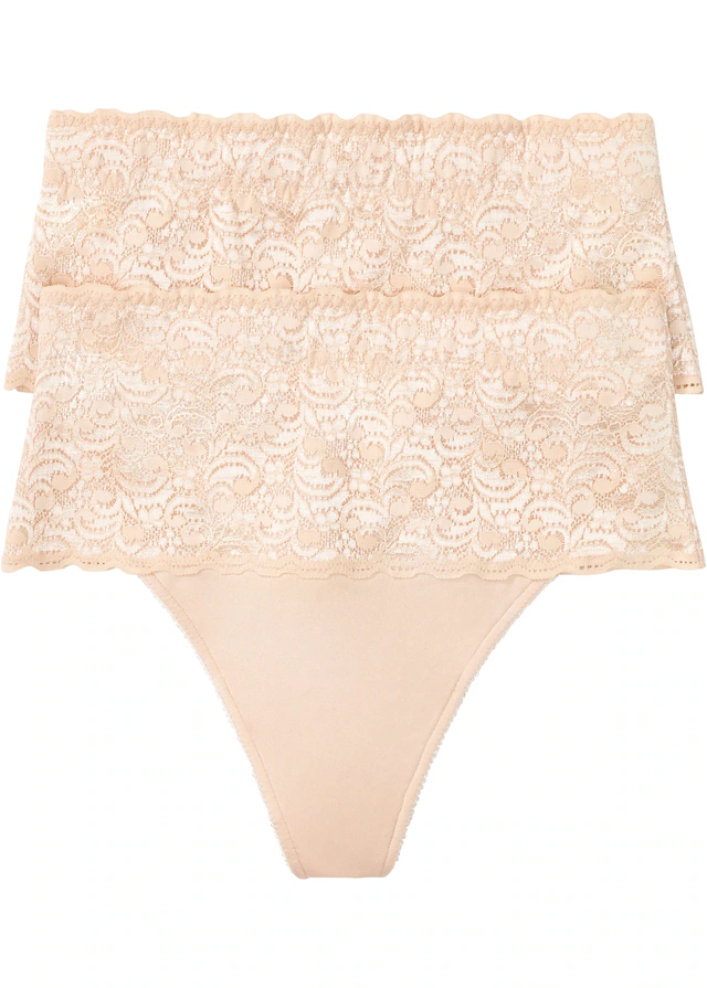 bonprix String Packung, 2 Stk. mit breitem Spitzenbund, elastisches Material, figurbetonte Passform