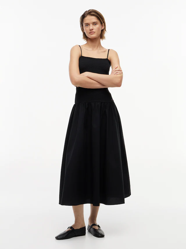 Tommy Jeans Trägerkleid »TJW SMOCK FABRIC MIX MAXI DRESS« Baumwolle, gesmoktes Oberteil, schmale Träger