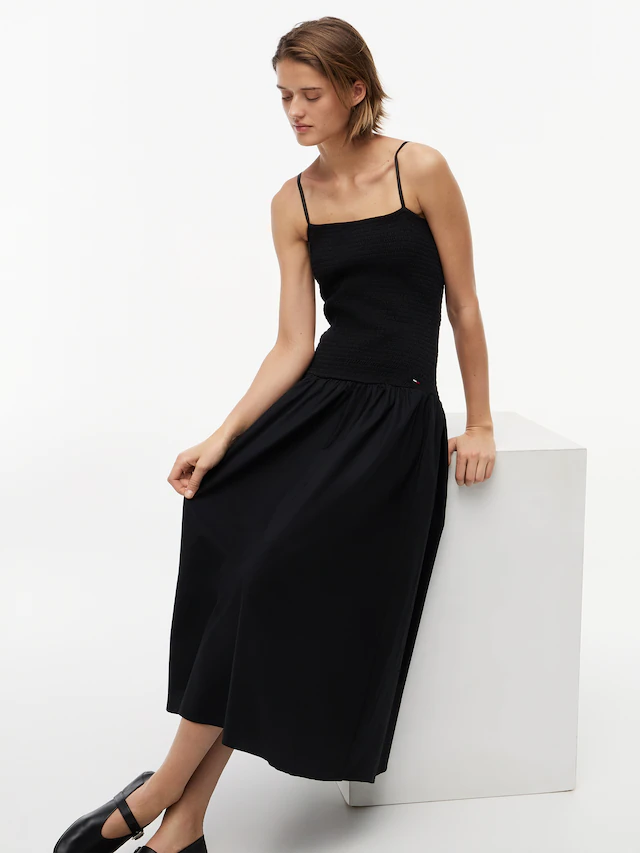 Tommy Jeans Trägerkleid »TJW SMOCK FABRIC MIX MAXI DRESS« Baumwolle, gesmoktes Oberteil, schmale Träger