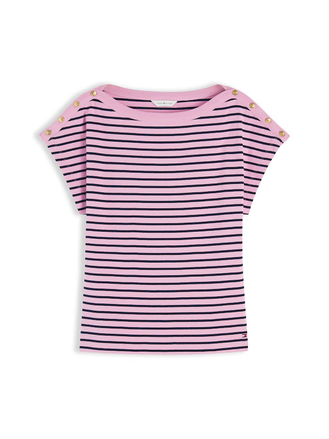 Tommy Hilfiger Kurzarmshirt »GOLD BTN CAP-SLV BOAT-NK TEE« Baumwolle, mit goldfarbenen Knöpfen