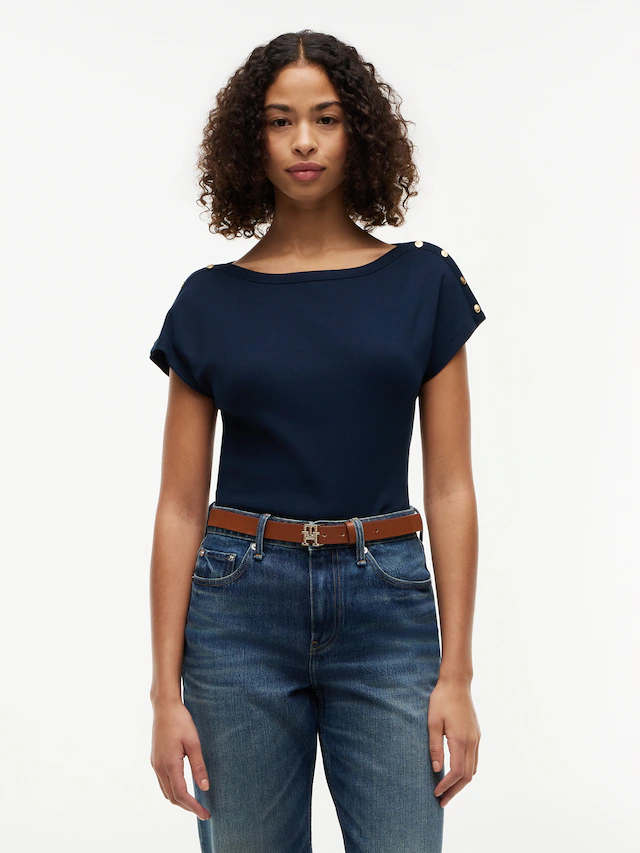 Tommy Hilfiger Kurzarmshirt »GOLD BTN CAP-SLV BOAT-NK TEE« Baumwolle, mit goldfarbenen Knöpfen