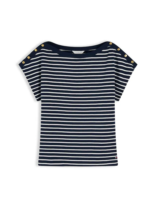 Tommy Hilfiger Kurzarmshirt »GOLD BTN CAP-SLV BOAT-NK TEE« Baumwolle, mit goldfarbenen Knöpfen