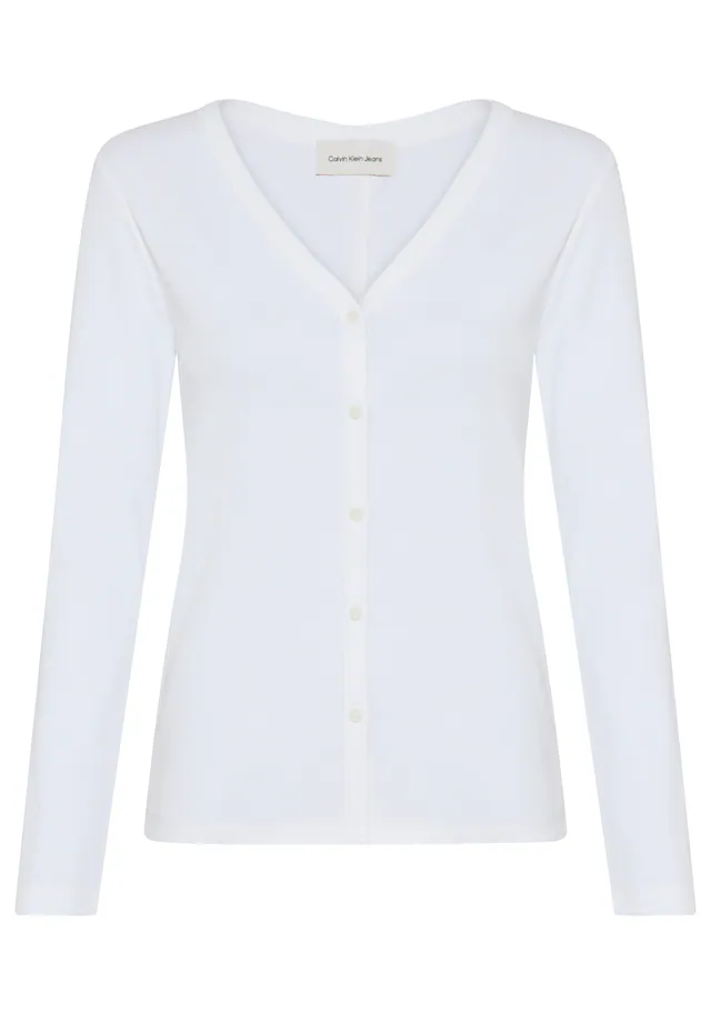 Calvin Klein Jeans Langarmshirt »WOVEN LABEL BABY RIB BUTTON« Figurbetonte Passform mit V-Ausschnitt