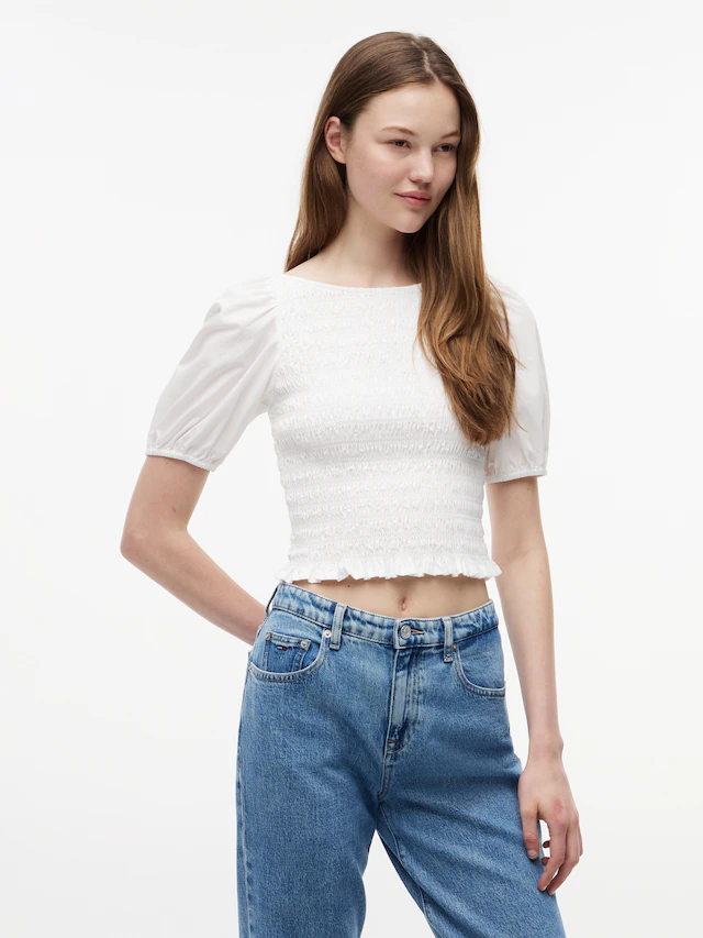Tommy Jeans Kurzarmbluse »TJW SMOCKED SS BLOUSE« Baumwolle, Puffärmel