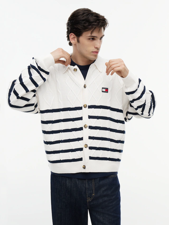 Tommy Jeans Cardigan »RELAXED STRIPE CABLE BUTTONUP« Relaxed fit mit Zopfstrickmuster