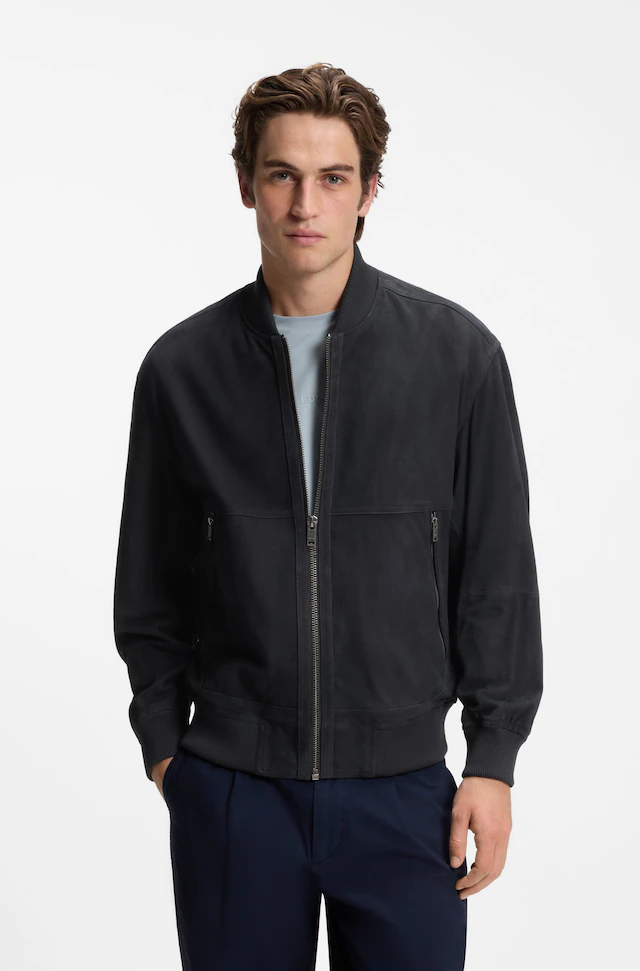 BOSS ORANGE Lederjacke »Jonorve« Weiches Ziegenveloursleder, Relaxed Fit, Rippstrickbündchen