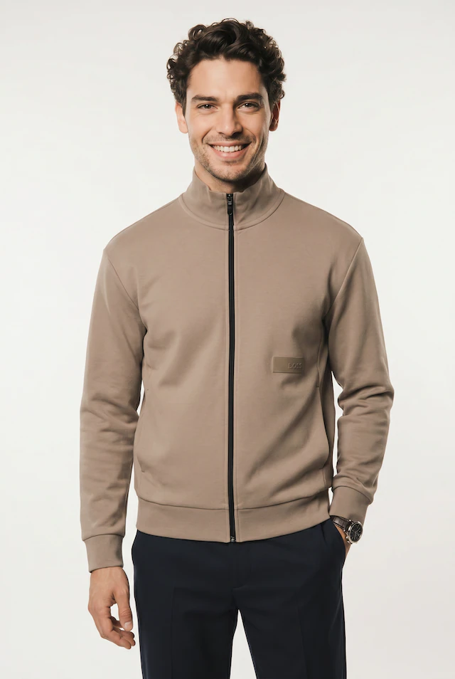 BOSS GREEN Sweatjacke Stehkragen, Relaxed Fit, Rippbündchen