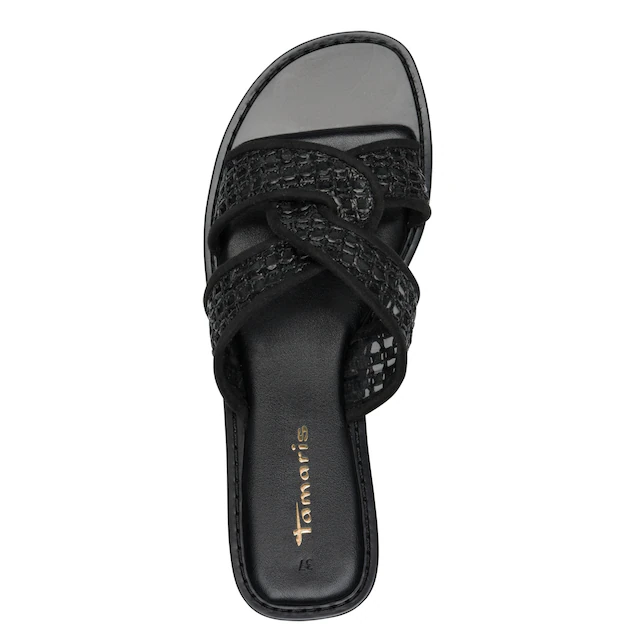 Tamaris Pantolette Sommerschuh, Schlüpfschuh, Flat mit Baststickerei