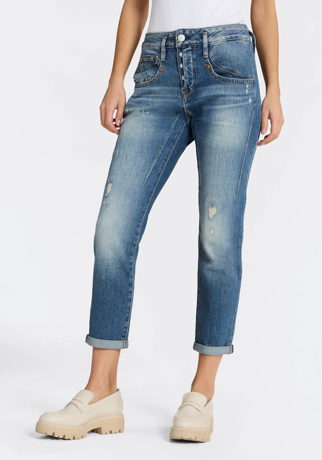 Herrlicher Boyfriend-Jeans »Shyra Cropped Denim Stretch« mit Abnähern, Umschlagsaum
