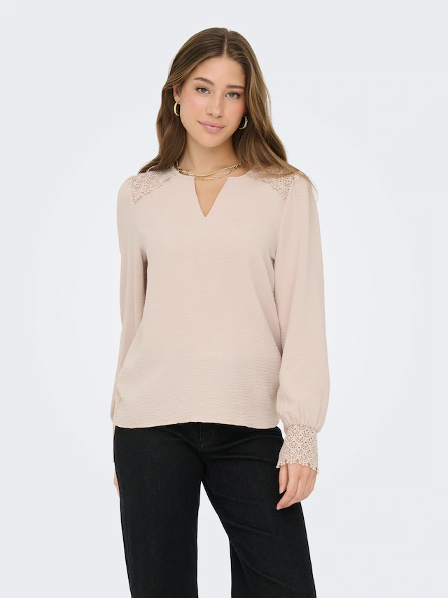 ONLY Langarmbluse »ONLCERENA METTE L/S LACE VNECK TOP WVN« Kunstfaser, regular fit, V-Ausschnitt