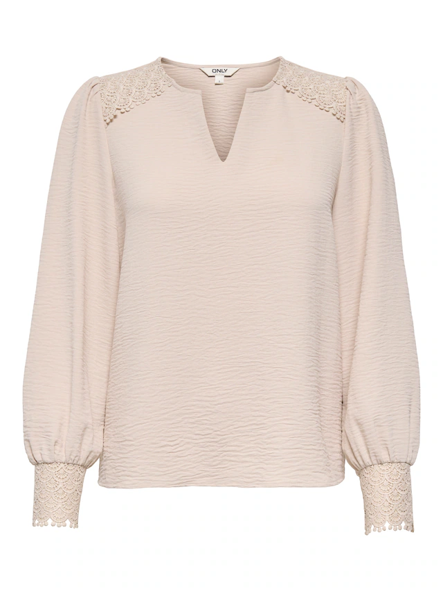 ONLY Langarmbluse »ONLCERENA METTE L/S LACE VNECK TOP WVN« Kunstfaser, regular fit, V-Ausschnitt