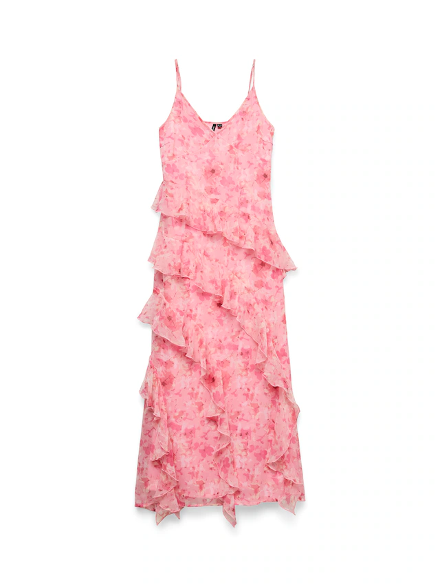 Vero Moda Trägerkleid »VMSMILLA S/L V-NECK LONG FRILL DRESS WVN« Kunstfaser