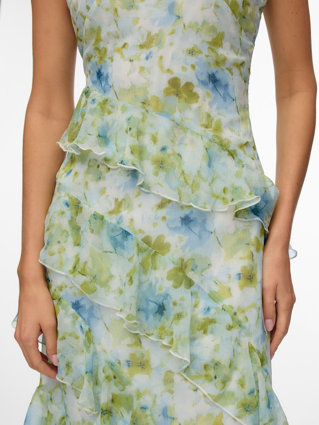 Vero Moda Trägerkleid »VMSMILLA S/L V-NECK LONG FRILL DRESS WVN« Kunstfaser