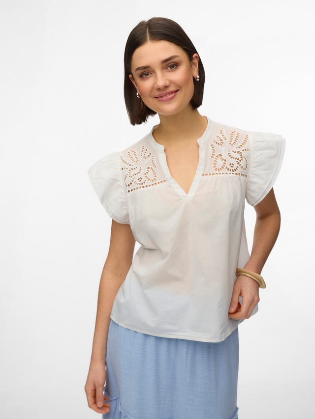 Vero Moda Kurzarmbluse »VMLINE SS V-NECK TOP WVN NOOS« Baumwolle, Lochstickerei