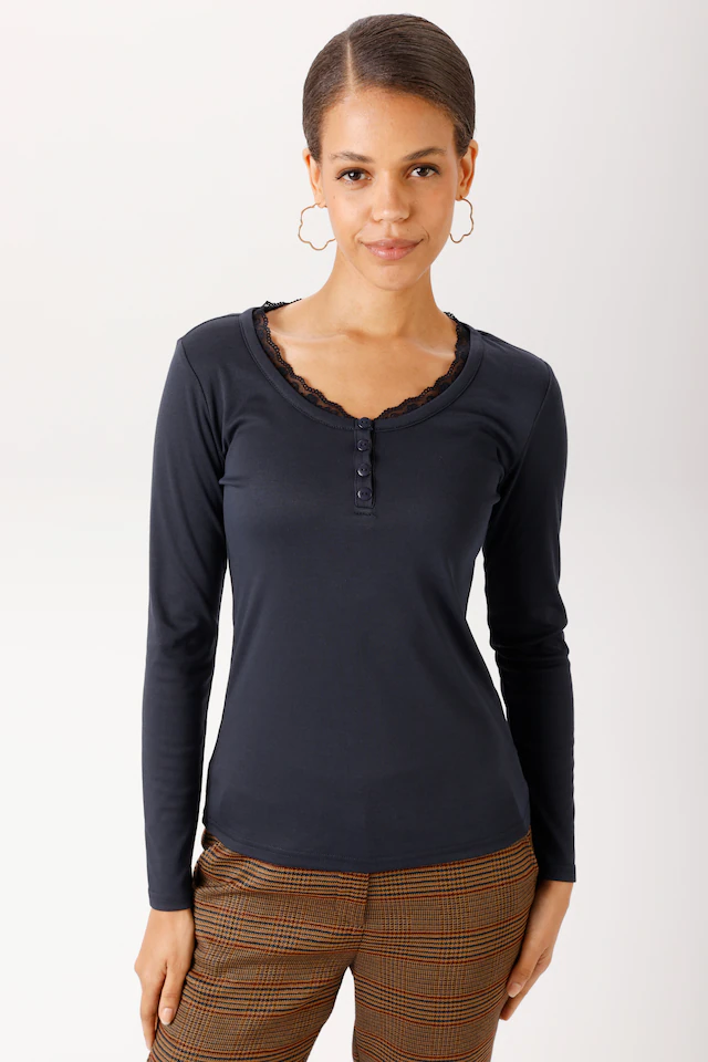 Aniston CASUAL Langarmshirt mit gewellter Spitze am Rundhals-Ausschnitt - NEUE KOLLEKTION