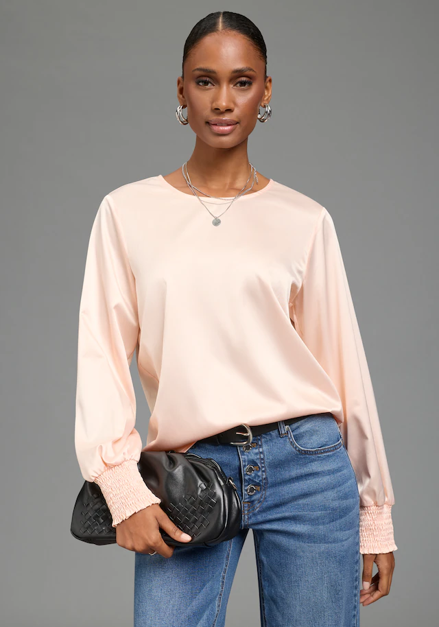 Laura Scott Schlupfbluse Festliche Satin-Bluse, Elastikbündchen am Ärmel, glänzender Stoff