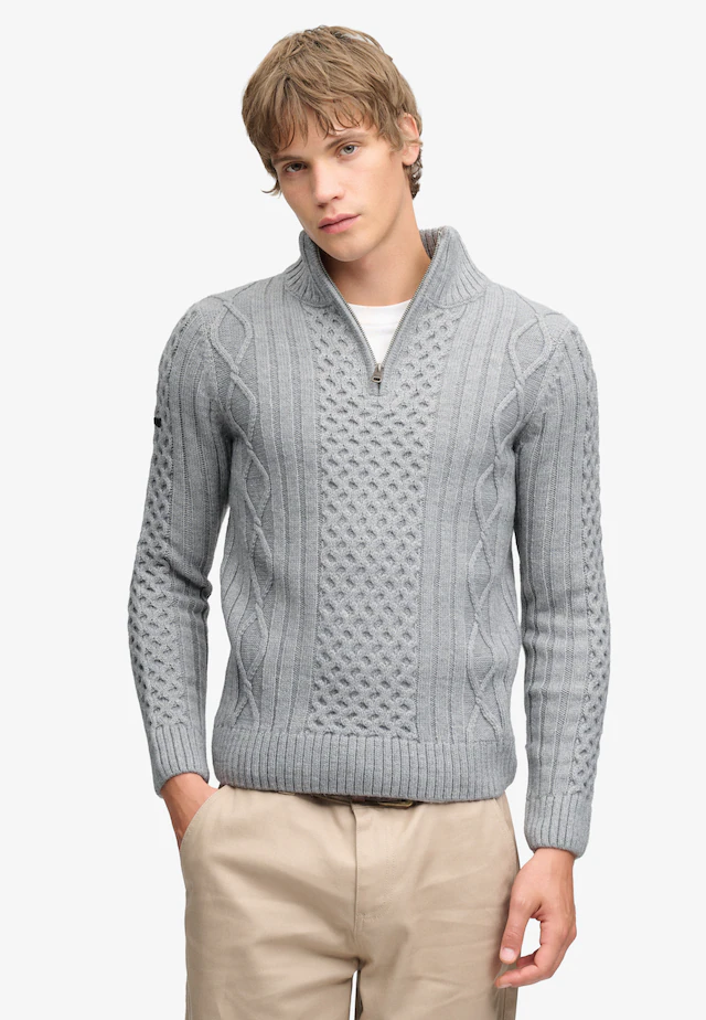 Superdry Strickpullover »JACOB CABLE HALF ZIP KNIT« Materialmix, slim fit