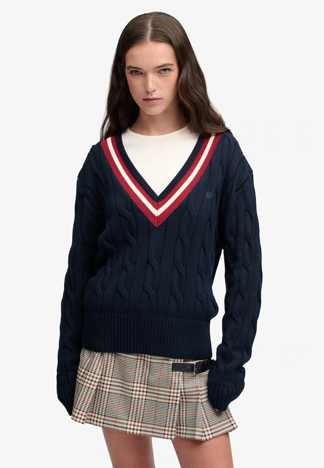 Superdry V-Ausschnitt-Pullover »CLASSIC CABLE CRICKET KNIT« Baumwolle, loose fit