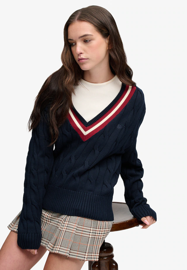 Superdry V-Ausschnitt-Pullover »CLASSIC CABLE CRICKET KNIT« Baumwolle, loose fit