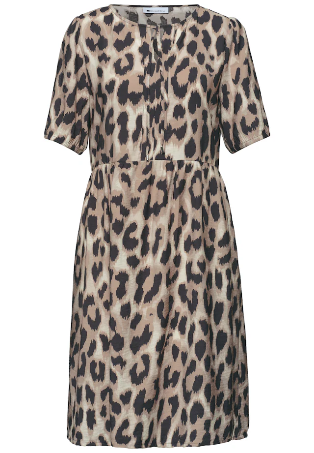 STREET ONE Sommerkleid Ohne Taschen Sommerkleid mit Split Neck und Allover-Print/Blätter-Design