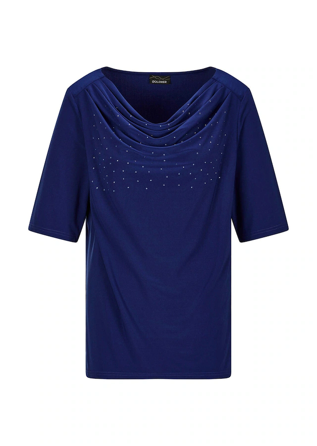 GOLDNER Kurzarmshirt »Kurzgröße Jerseyshirt mit Glitzersteinen« Ton in Ton Hotfix am Wasserfallausschnitt