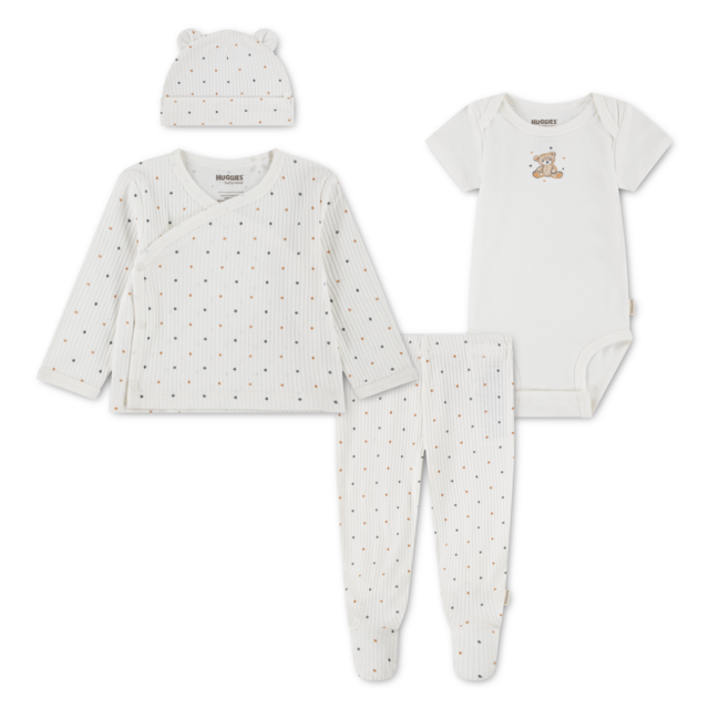 HUGGIES babywear Shirt, Hose, Jacke & Mütze »HUGN 4PC SET« Set, 4 Teile, 4 Mütze-Jäckchen-Body-Hose mit Fuss - Alloverprint