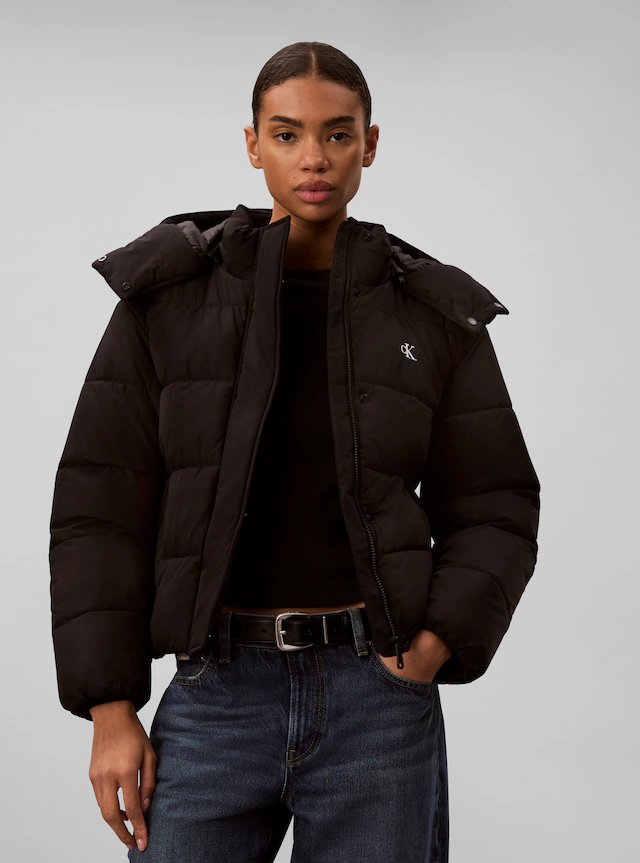 Calvin Klein Jeans Steppjacke mit Kapuze abnehmbare Kapuze, kurze Form, verdeckter Reißverschluss