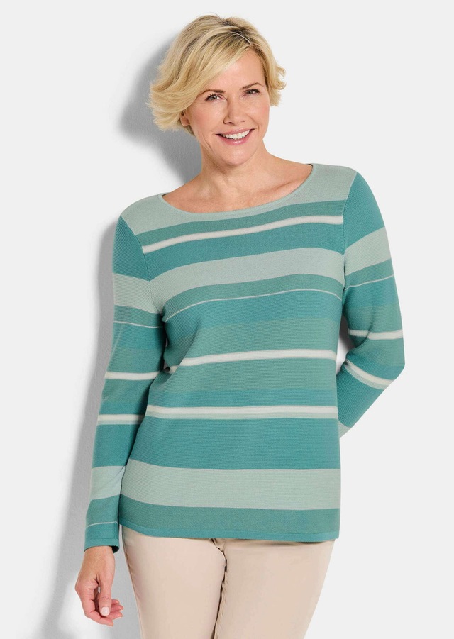 GOLDNER Rundhalspullover »Kurzgröße Strickpullover im Ringel-Look« farbharmonischer Ringelablauf