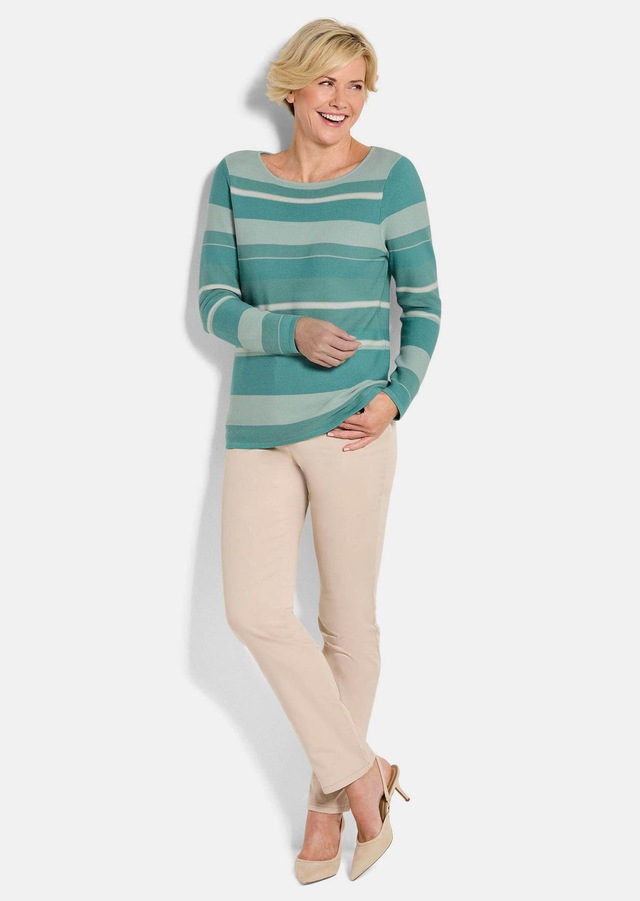 GOLDNER Rundhalspullover »Kurzgröße Strickpullover im Ringel-Look« farbharmonischer Ringelablauf