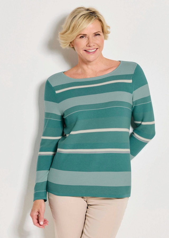 GOLDNER Rundhalspullover »Kurzgröße Strickpullover im Ringel-Look« farbharmonischer Ringelablauf