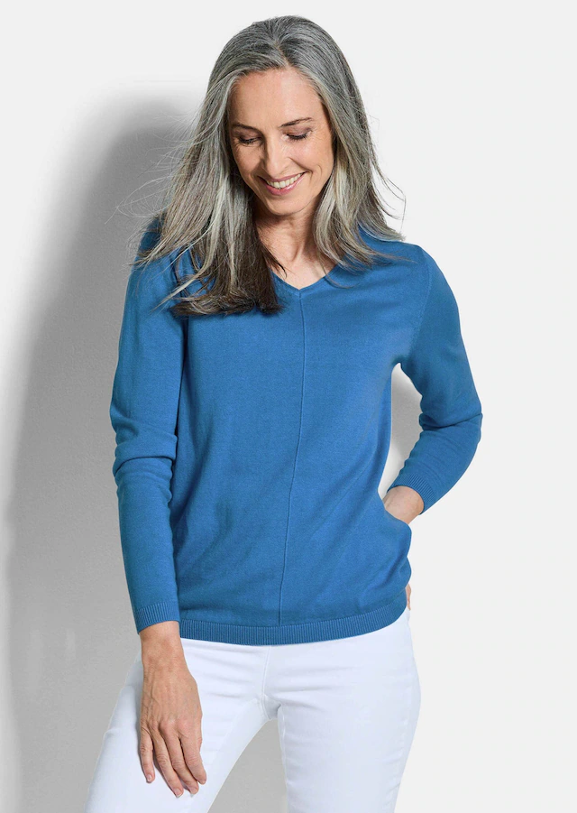GOLDNER Rundhalspullover »Kurzgröße Baumwollpullover mit V-Ausschnitt« mit Kaschmieranteil